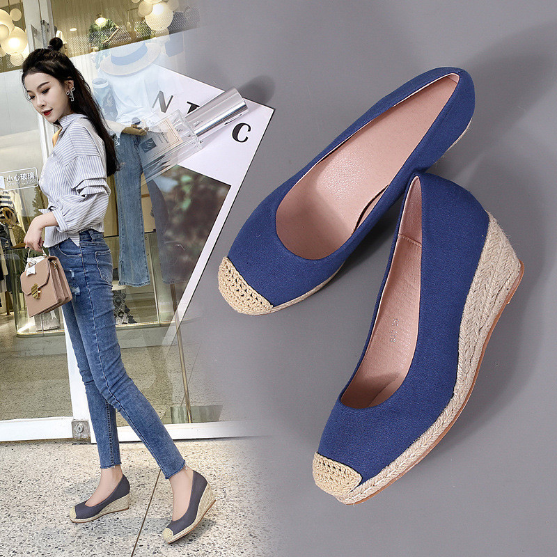 Straw Wedge Bucket Shoes Women Four Canvas High Heels Slip-On Shoes-Xiaowangs Boutique