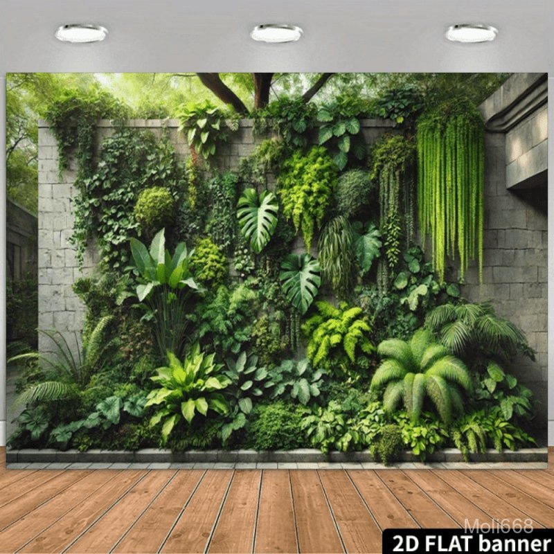 A 2D Tropical Rainforest Plant Wall Backdrop Featuring Monstera, Ferns, Hanging Greenery, Large Broadleaf Plants, And a