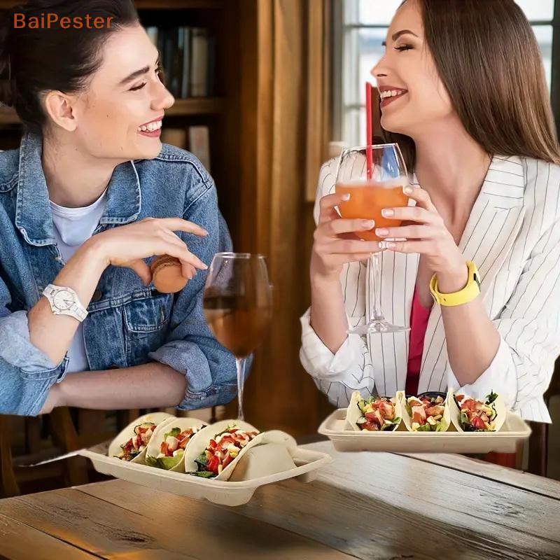 [BaiPester] แผ่น Taco แบบใช้แล้วทิ้ง 20 ชิ้น 3 ส่วนแผ่นเสิร์ฟ Taco แบบพับเก็บได้ไม่มีถาดที่วางถาด Ta