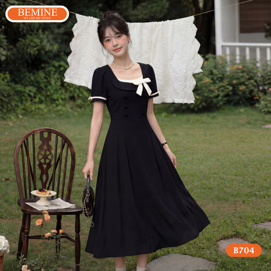 BEMINE เดรสดีไซน์คอเหลี่ยมและชายโบว์ทรงเอเหมาะสําหรับออกไป-B704