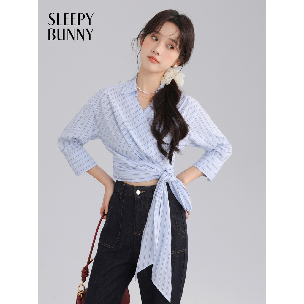 SLEEFY BUNNY Stylish Wrap Front Ties Collar Striped Blouse Slim Fit Mid-Sleeve Shirt Perfect for Pet