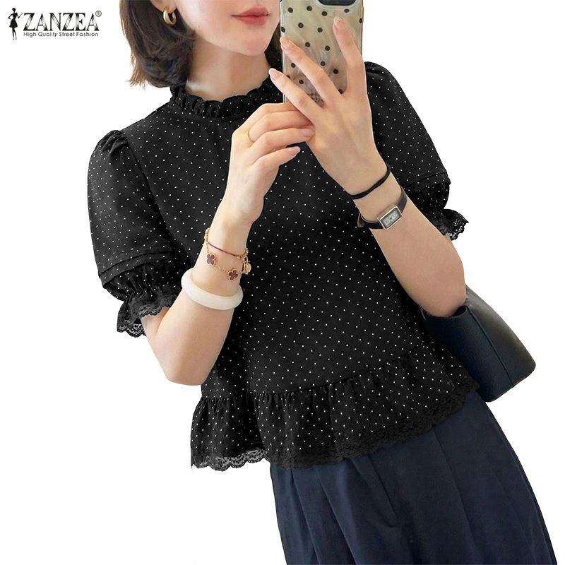 ZANZEA เสื้อเบลาส์สตรีสไตล์เกาหลี แขนสั้นพัฟแขน ดีไซน์เก๋สำหรับวันหยุดและงานลำลอง