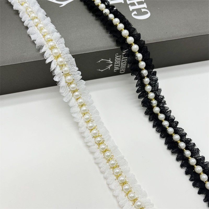2026New DIY Pearl Gold ริบบิ้นลูกไม้ตาข่ายจีบ C News DIY เครื่องประดับถักลูกไม้ลูกไม้สีดําสีดําสีดํา