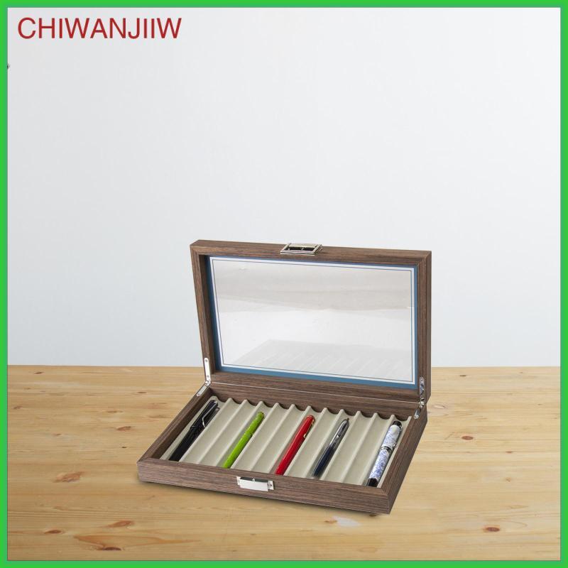 [chiwanjiiw] กล่องเก็บปากกาไม้ 12 หลัก, ง่ายกว่าสไตล์ย้อนยุคสําหรับร้านค้าหรือบ้านปากกาสะสมโปร่งใสด้านบน