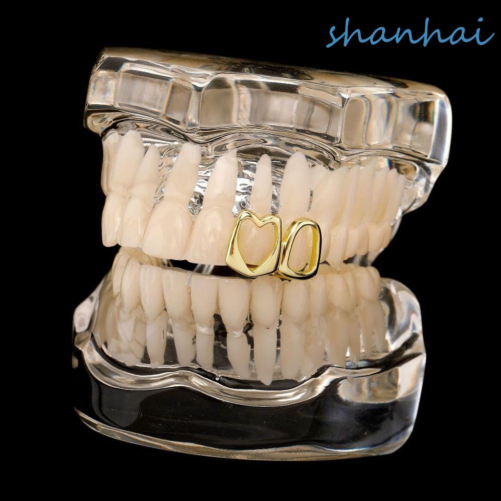 SHANHAI Hollow Heart Grillz แบบHip-Hop พังก์ เพชรสังเคราะห์และมงกุฎทอง