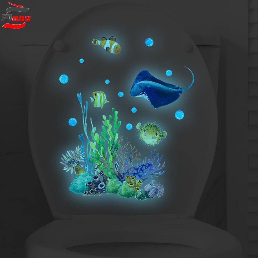 PINOU สติ๊กเกอร์ติดห้องน้ํา,เรืองแสงใน Dark Undersea สัตว์ปลา Coral WC ฝาชักโครกรูปลอก, Art Decals Luminous DIY ตลกห้องน้ําสติกเกอร์ห้องน้ํา