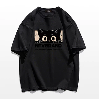 【จัดส่งจากกรุงเทพฯ】LABZAA เสื้อยืดแขนสั้นคอกลม วินเทจฟอกน้ำ Oversized ลายพิมพ์แมวน่ารัก ระบายอากาศ ผ้าฝ้าย 100% YG438