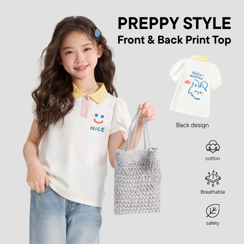 เสื้อโปโลสีบล็อกพิมพ์ลายกระต่ายแบบสามมิติ แขนโปร่ง ทำจากผ้าฝ้ายสำหรับความสะดวกสบาย