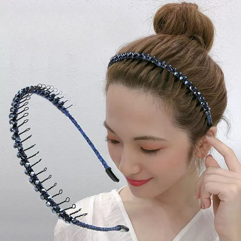 ที่คาดผมกันลื่นแบบมีฟัน Rhinestone, ผู้หญิง Bangs Broken Hair Handy Tool All-Match Face Wash Hair Headdress