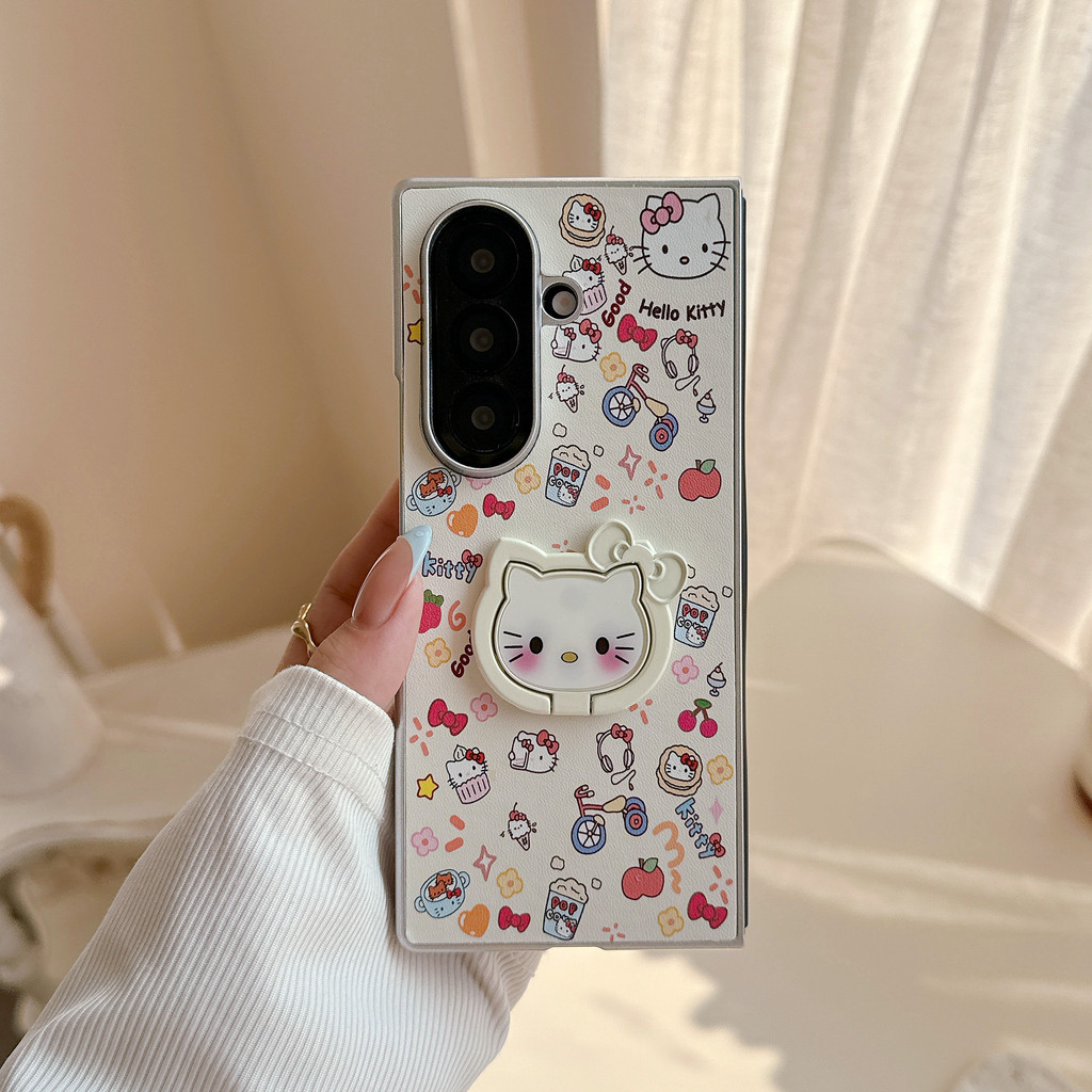 วงเล็บแหวน น่ารัก Hello Kitty เคส Samsung Galaxy Z Fold 7 6 5 4 Case หนัง ป้องกันการตก พลิกปก เคส