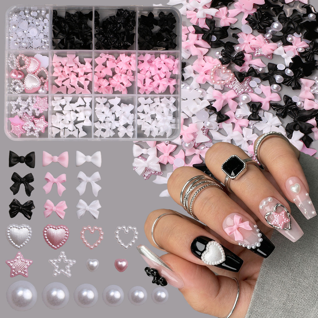 HAMA 3D ริบบิ้นโบว์เล็บ Charms ชุดผสมสีขาวสีชมพู Pearl Heart Star Kawaii อะไหล่เล็บเกาหลี DIY อุปกรณ์ตกแต่งเล็บ