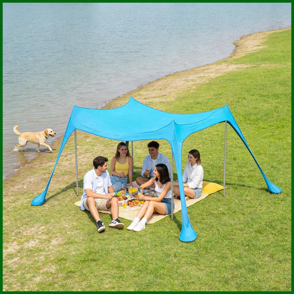 Canopy ขนาด 10x10 ฟุต กันแดดและลม พับได้ง่าย มาพร้อมฐานกระสอบทราย 8 อัน เหมาะสำหรับการปิกนิคบนชายหาด