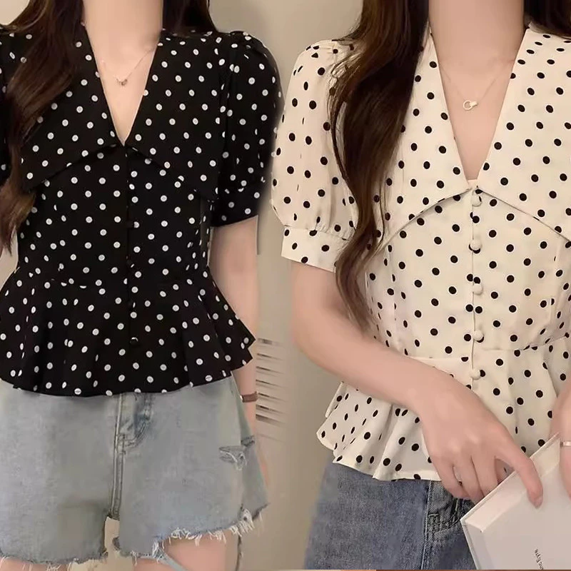 99139 เสื้อชีฟองแขนสั้นลายจุดใหม่สำหรับผู้หญิง คอปกปีเตอร์แพน เหมาะสำหรับใส่ในฤดูร้อน มีให้เลือกสองสี