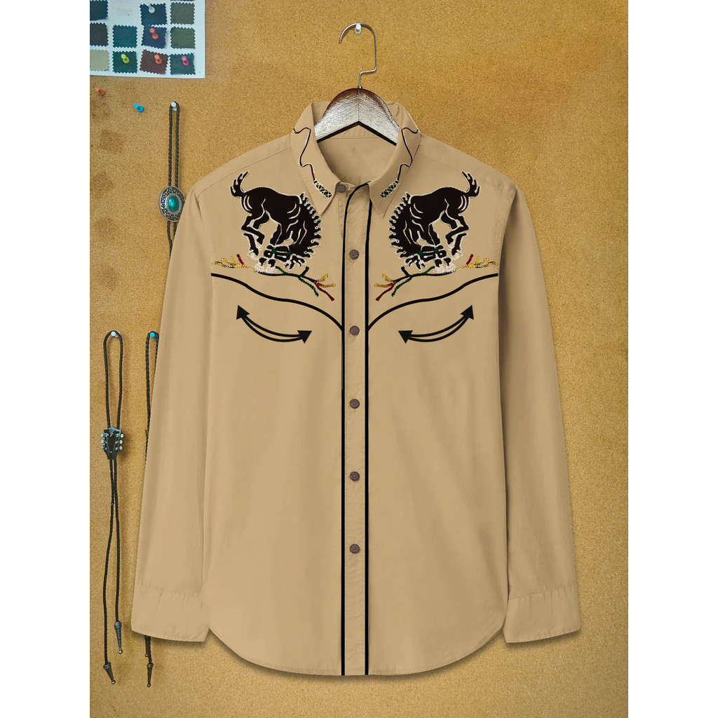 เสื้อเชิ้ตผู้ชาย Retro Western ลายพิมพ์3D สีดำ แขนยาว สไตล์แคชวล
