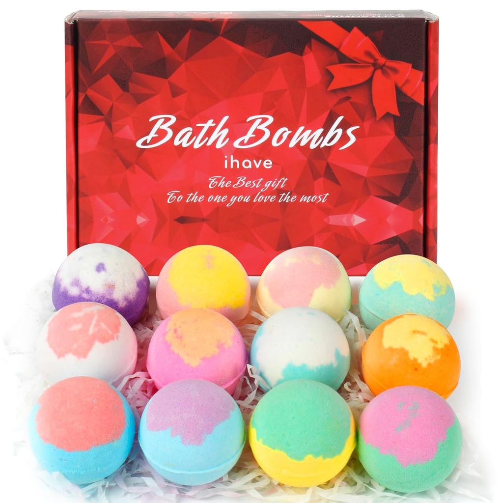 IHave Bath Bombs สําหรับผู้ชายและผู้หญิง, ชุดของขวัญระเบิดอาบน้ําแฮนด์เมดธรรมชาติ 12 ชิ้น, ระเบิดฟอง