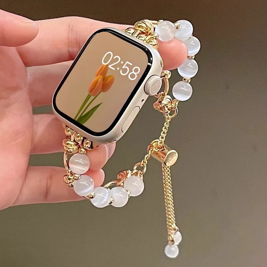 Cats Eye หินลูกปัดสายโลหะสําหรับ iWatch Series 11 10 9 8 7 6 SE 5 4 46 มม.42 มม.44 มม.45 มม.41 มม.40 มม.38 ประณีตสายรัดข้อมือโซ่โลหะสําหรับ Xiaomi 10 9 8 Pro 7