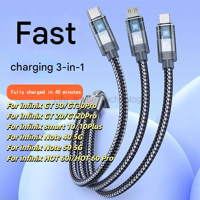 100W 3 In 1 ประเภท c Cable Fast Charging Data สําหรับ infinix GT 30 GT30Pro GT 20 GT20Pro สมาร์ท 10 