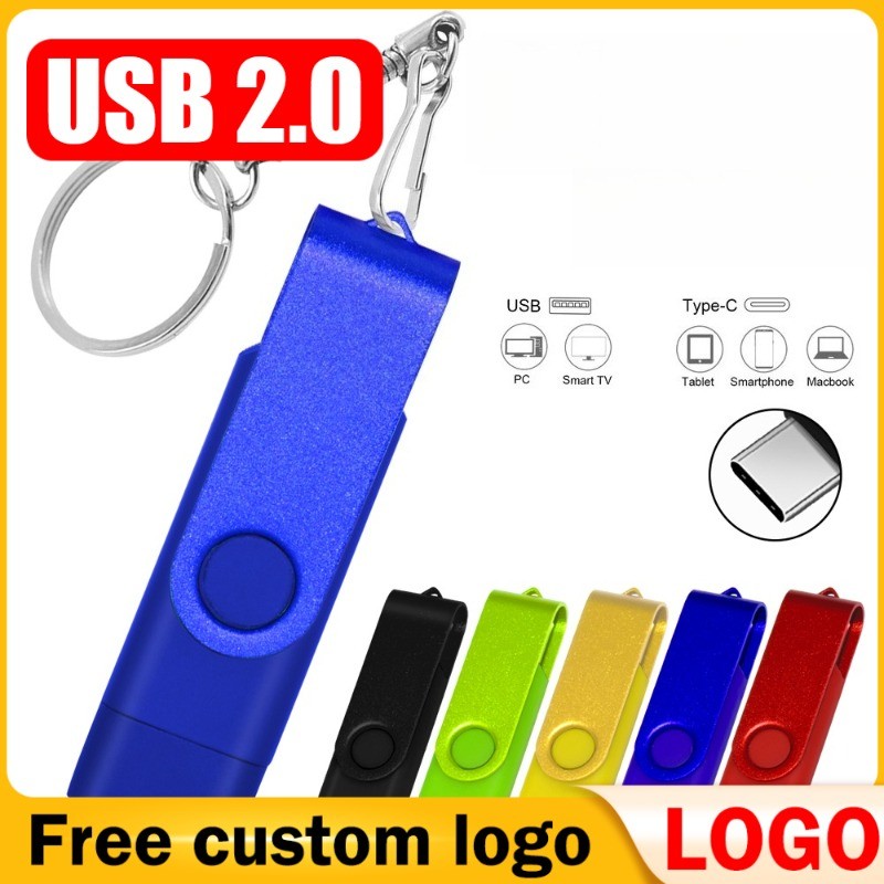 หมุนได้360° TYPE C USB 2.0 แฟลชไดรฟ์ OTG ไดรฟ์ปากกา 128GB 64GB 32GB Memory Stick 2 in 1 ดิสก์ U ความ