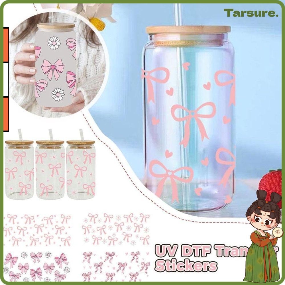 TARSURETH Wrap Stickers, Waterproof UV DTF Transfer Stickers, Smooth Pink Bow Decals สําหรับถ้วยแก้ว