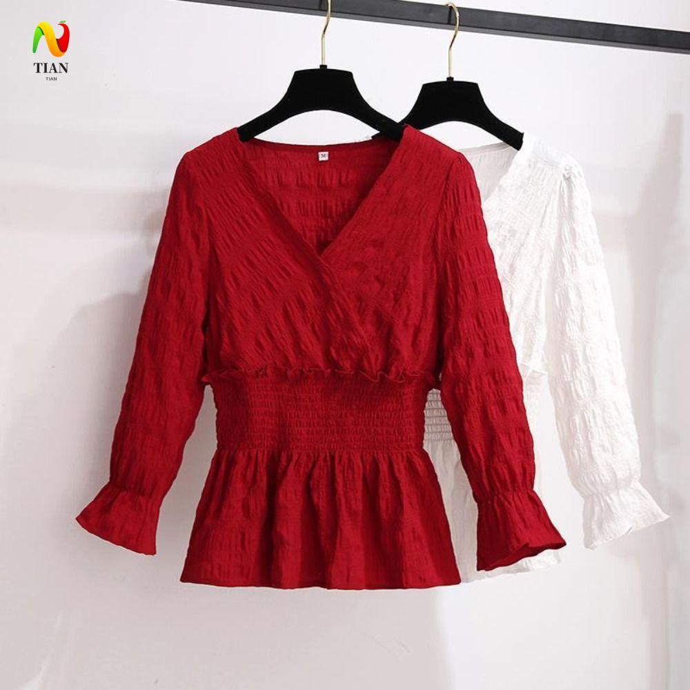 INQUIRY IMPACT เสื้อชีฟองบาง, V คอ Slim Fit ชีฟอง T เสื้อผู้หญิง, Casual สีทึบแขนยาว Ruffled Edge Sw