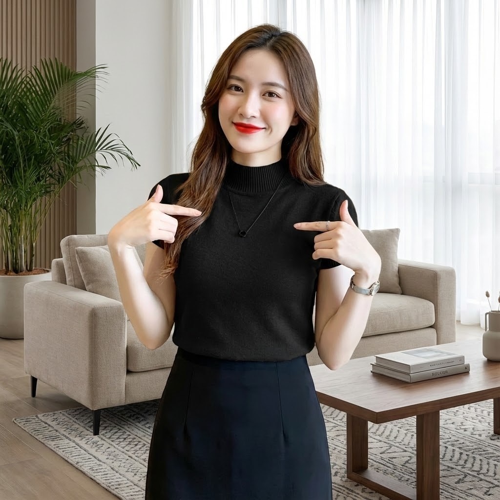 เสื้อยืดแขนสั้นคอปกสูงทรงสลิมฟิตสไตล์เกาหลี TTV0005A