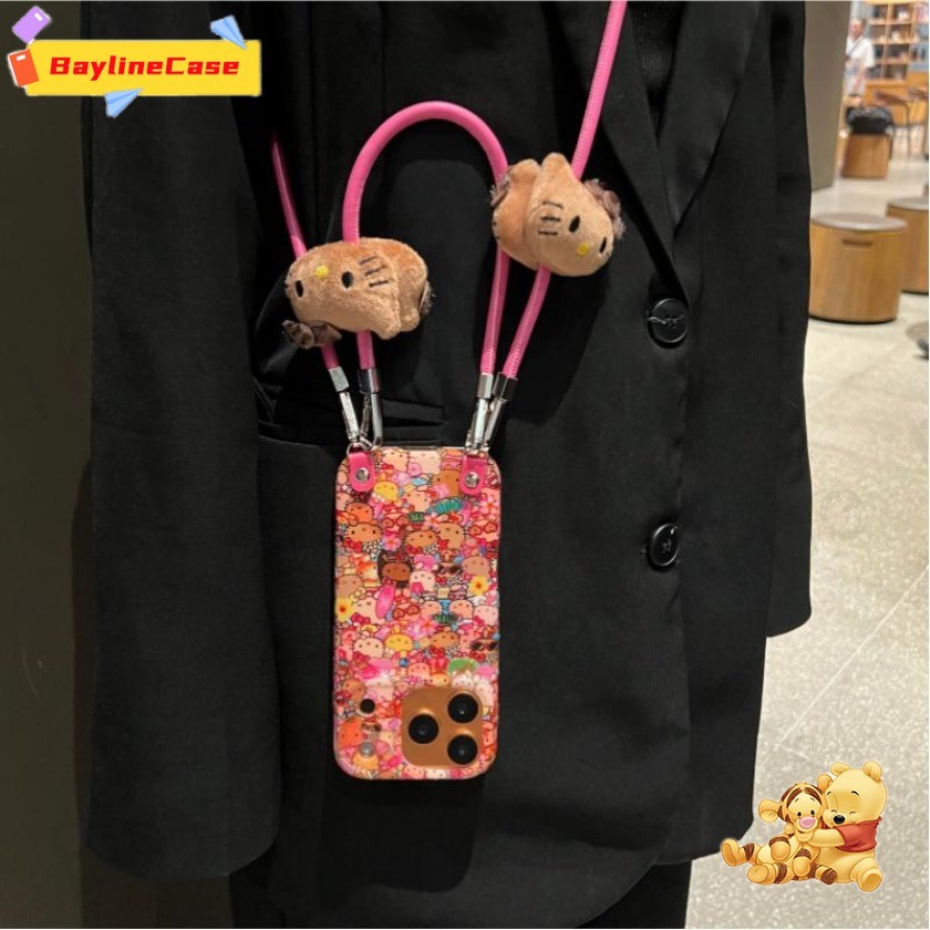 ขายร้อน Ins 3D Full Screen Vacation Hello Kitty+Kitty Short Rope+Long Rope Phone Case ใช้งานร่วมกับ iPhone 17 16 15 14 13 12 11 Pro Max X Xr Xs Max 8 7 6 Plus Cover