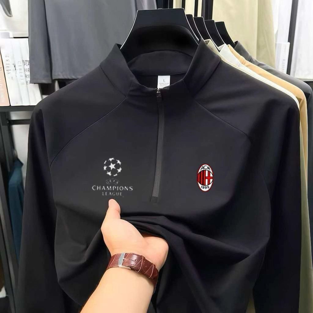 เสื้อฝึกซ้อม.AC.Milan แบบครึ่งซิปแขนยาว สำหรับวิ่ง แห้งไว คอตั้ง สำหรับผู้ชาย