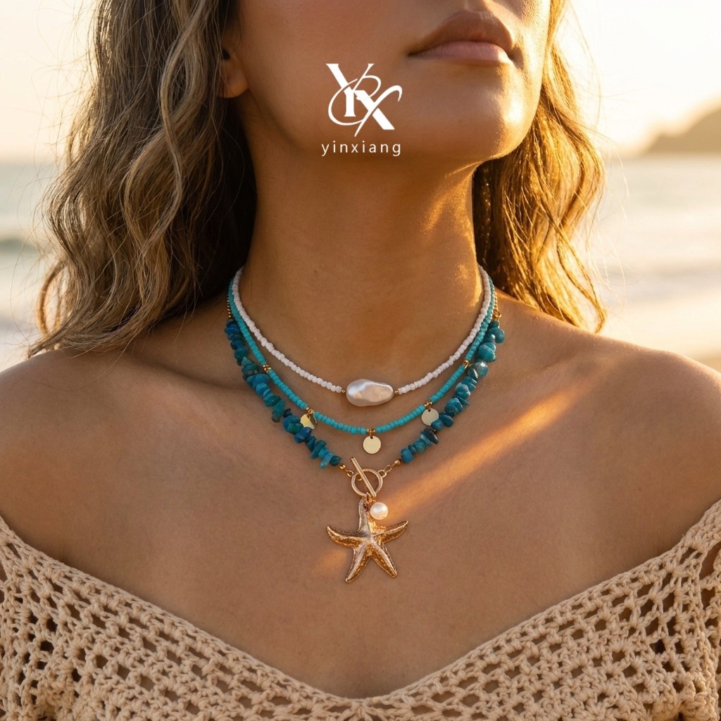 YX 3 ชิ้นชุดฤดูร้อนชายหาดวันหยุดปลาดาว Pearl Layered สร้อยคอ Y2K Party ความงามเครื่องประดับของขวัญสํ