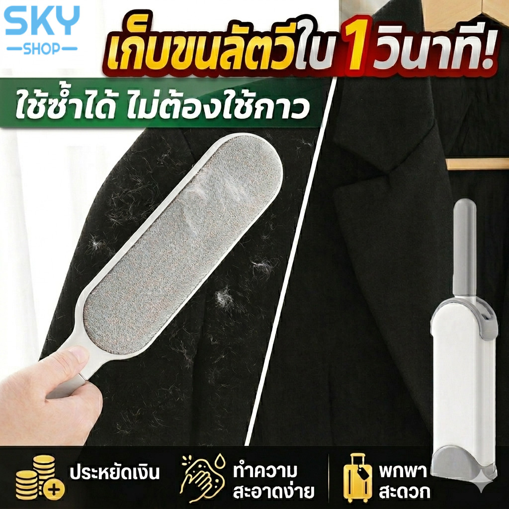 SKY แปรงเก็บขนสัตว์ ลูกกลิ้งกำจัดขนแมว ขนหมา เก็บฝุ่นบนเสื้อผ้า ใช้ซ้ำได้ ไม่ต้องใช้กาว Cleaner Brush