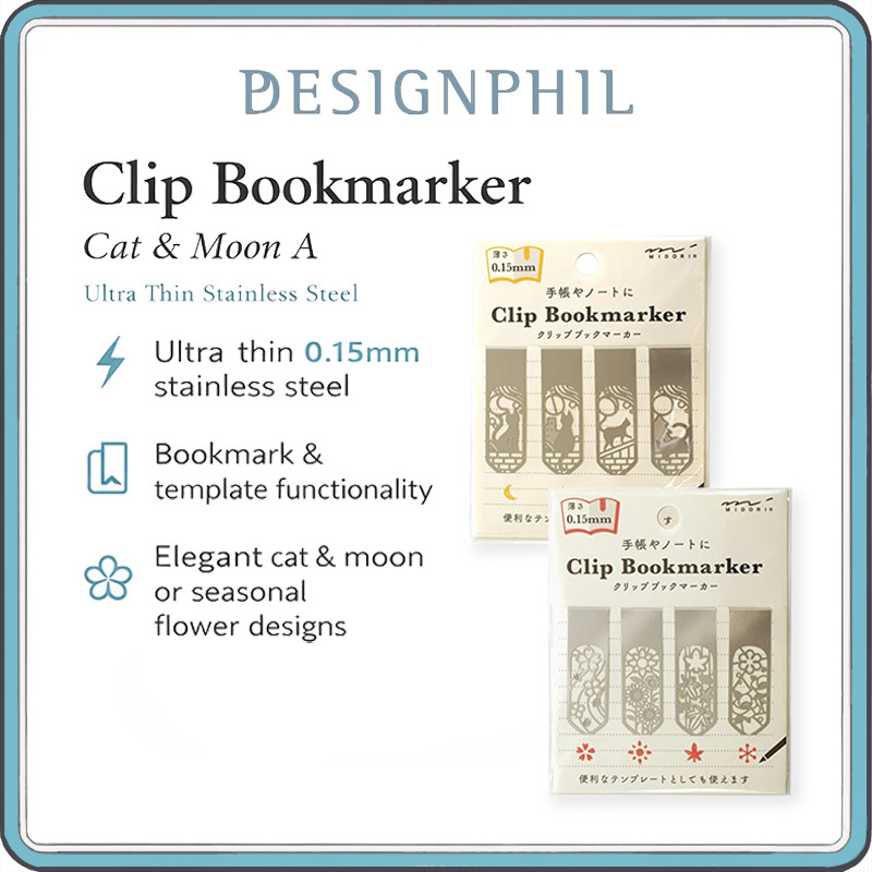 MIDORI Clip Bookmark Set – Ultra Thin Stainless Steel Bookmarks with Stencil Template (Cat & Moon A / Flower A, 4 Designs, 0.15mm)