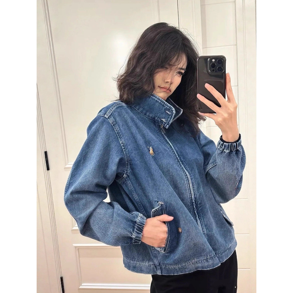 JAWX RL Women's short denim jacket with stand-up collar, loose fit, Harrington style