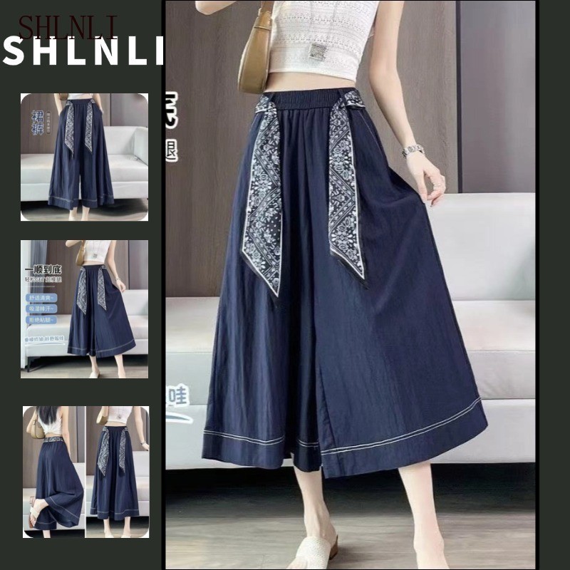 บาง Navy Blue Skorts สําหรับผู้หญิงฤดูใบไม้ผลิฤดูร้อนกางเกงขากว้างเอวสูง
