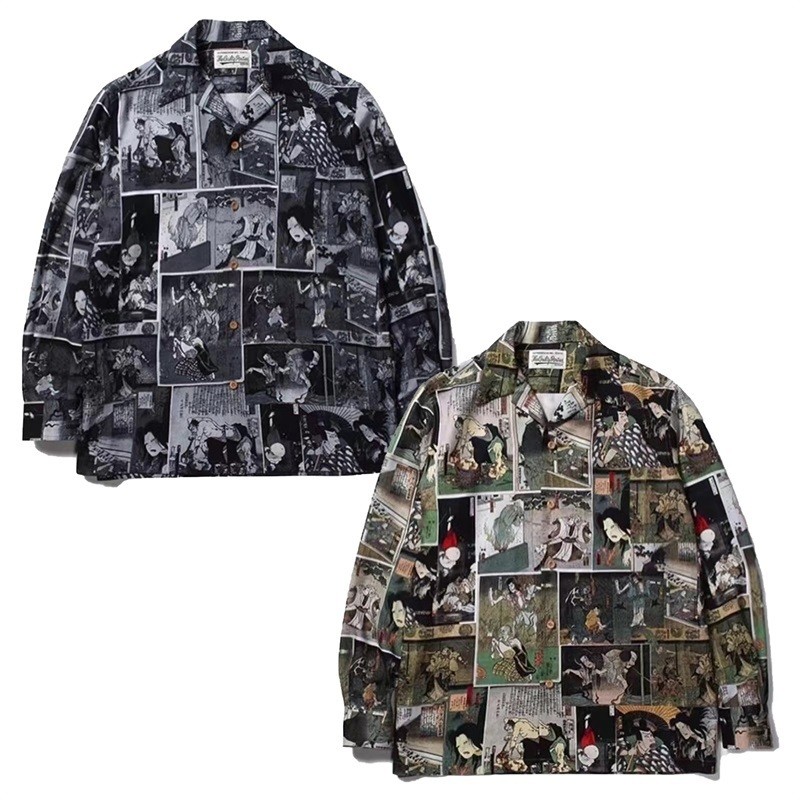 เสื้อเชิ้ตแขนยาวแบบญี่ปุ่น Ukiyo-e มังงะ collage ในสไตล์เรโทรวินเทจ
