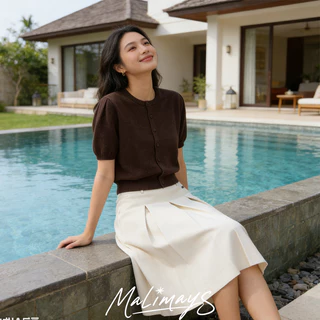 MALIMAY Macaron knit top Short Sleeve Cardigan การ์ดิแกนสั้นแขนตุ๊กต ผ้าถักนุ่ม 3สี ดีไซน์ปุ่มหน้า สไตล์วินเทจสบายๆ Q8