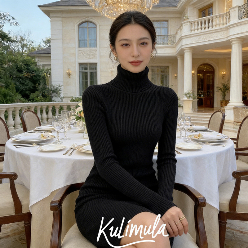 KULIMULA เดรสไหมพรมคอเต็ม เสื้อสเวตเตอร์คอเต่า แขนยาว ตัวรัดเอว สไตล์เซ็กซี่ หลายสี สวมใส่สบาย (One Size) Q19