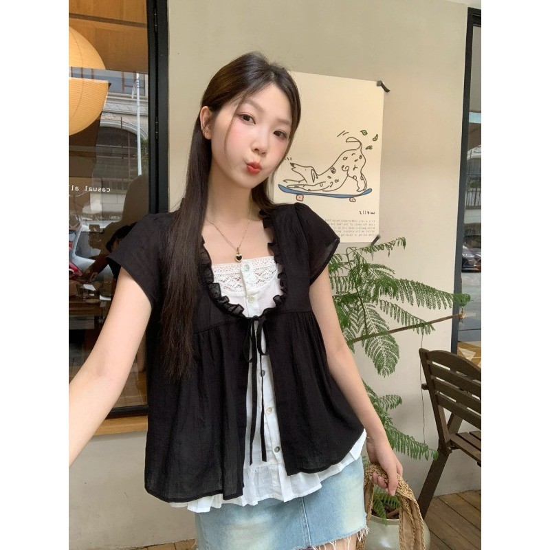 COCO-เสื้อคอวีผูก สไตล์คาเฟ่ เอวหลวม ใส่สบายไม่อึดอัด