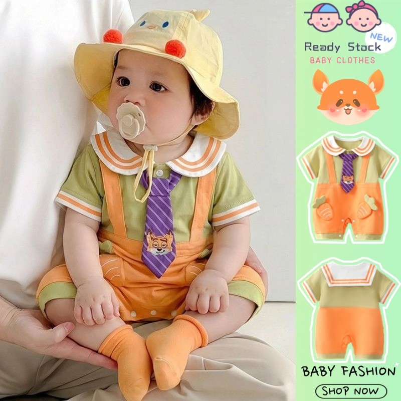 ฤดูร้อนใหม่เสื้อผ้าเด็กแขนสั้นบางกองทัพเรือปก เจ ผู้ตัดสิน 0-24เดือนผ้าฝ้ายแท้เป็นมิตรกับผิวสุดน่ารักจิ้งจอกน้อยการ์ตูนแครอทบอดี้สูท