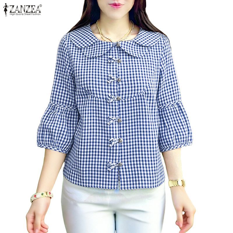 ZANZEA เสื้อวินเทจเกาหลีสำหรับผู้หญิง คอกระพี้แบบเพเตอร์แพน แขนสามส่วนสี่ สลับลายโคมไฟ