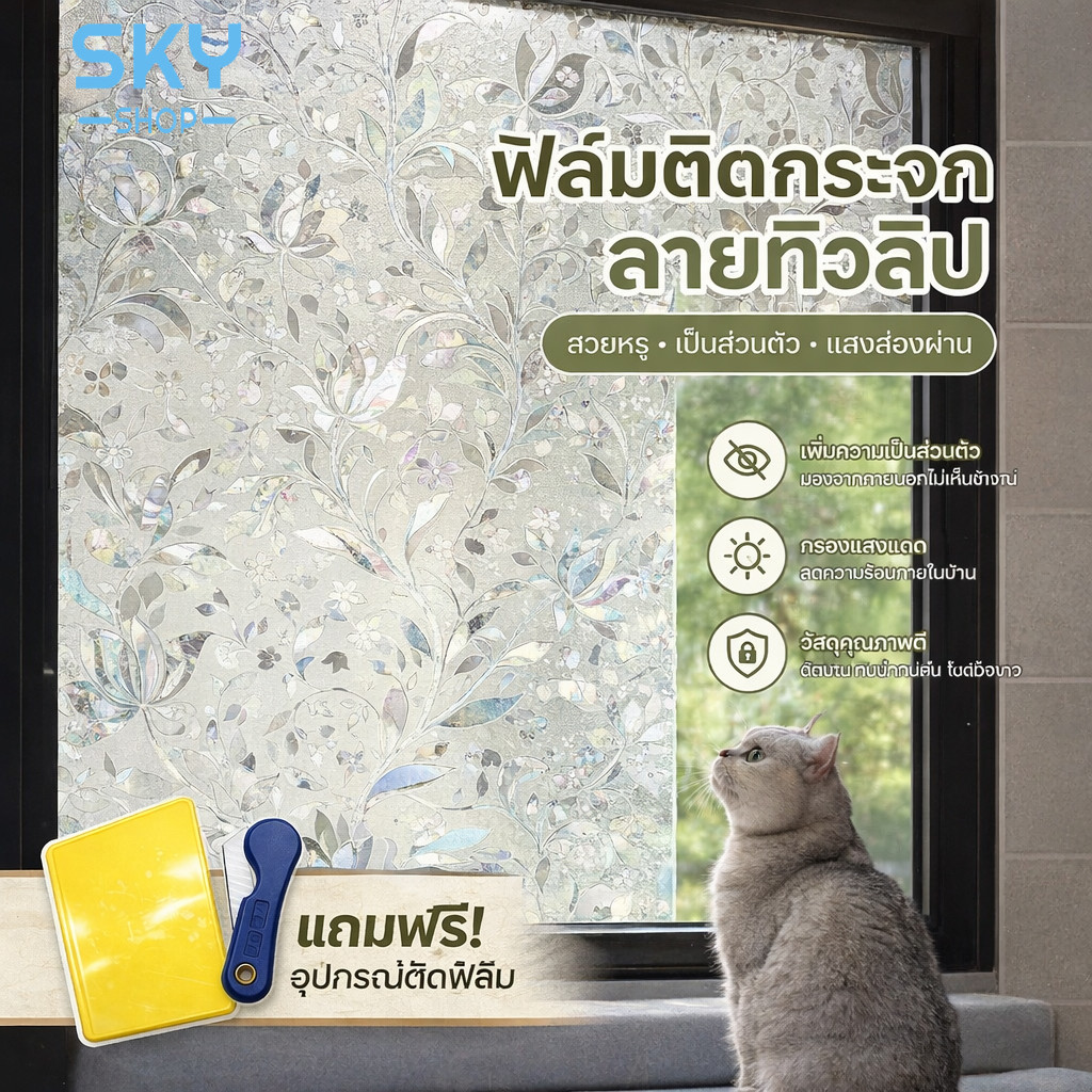 SKY ฟิล์มติดกระจก ฟิล์มติดกระจกบ้าน ลายอิฐ หน้ากว้าง90cm ราคาต่อเมตร ฟิล์มติดกระจกสูญญากาศ