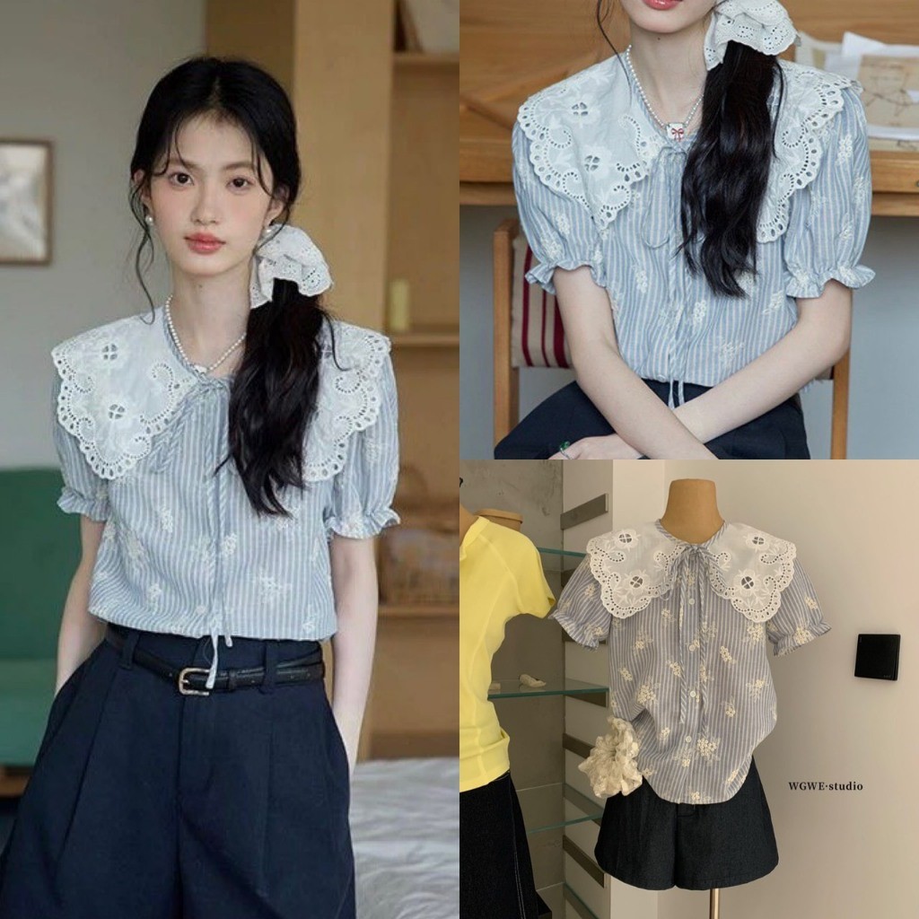W9093 เสื้อแขนตุ๊กตา ลายทาง แต่งลูกไม้คอปก ผ้าดีใส่สบาย ทรงน่ารักมากๆค่า แฟชั่นเกาหลี TAG WG.WE