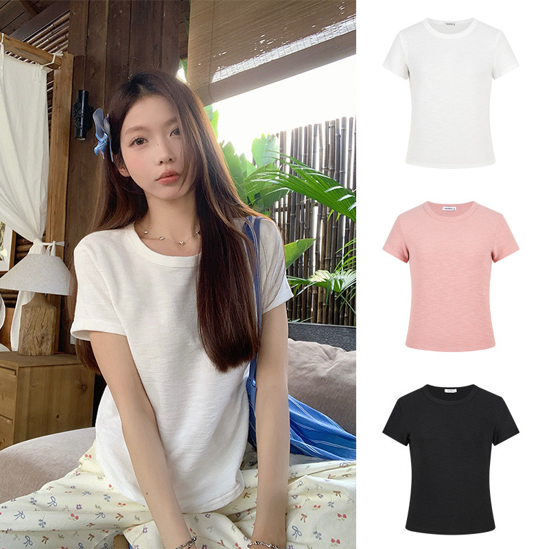 <Moss Queen> เสื้อยืดแขนสั้นผ้าฝ้ายผสมใยไผ่สำหรับผู้หญิง ดีไซน์มีเท็กซ์เจอร์รับซัมเมอร์ ทรงเข้ารูป สวมใส่เป็นเสื้อตัวในเรียบง่าย