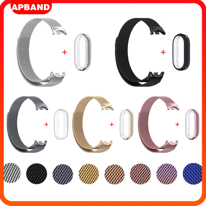 สายลูป Milanese + กรณี TPU for Xiaomi Mi Band 10 9 8 NFC ป้องกันหน้าจออ่อน สายพานสแตนเลส for Miband 10 9 8