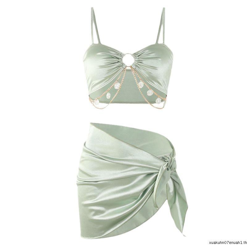 [Dolldoll]Bikini Set Leisure Swimwear Medium Stretch Fabric Padded Top Solid Color Design