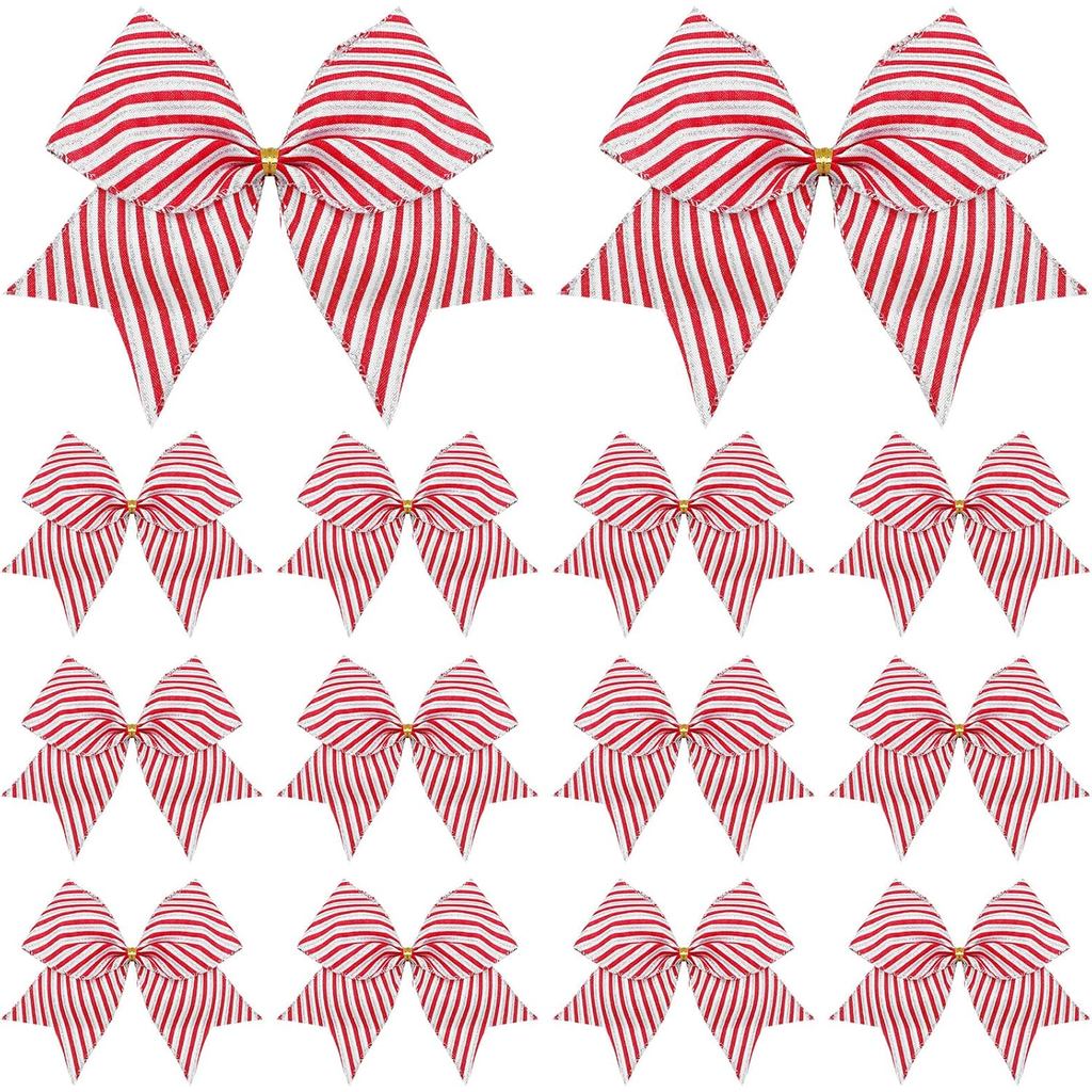 Panelee 12 ชิ้น Christmas Bows สําหรับต้นไม้ Candy Cane Bows Burlap 6 นิ้วพวงหรีดสีแดงและสีขาวตกแต่ง
