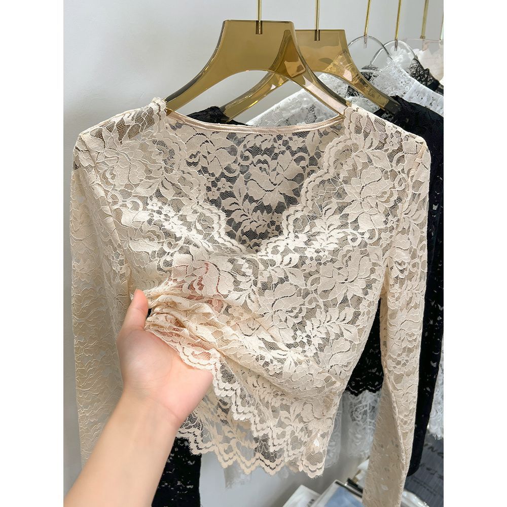 V คอลูกไม้ Bottoming เสื้อผู้หญิง 2022 สไตล์ใหม่ภายในแขนยาว Low-neck Gauze เสื้อสีดําเสื้อขนาดเล็กสั