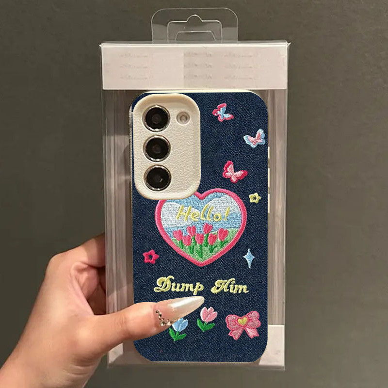 หัวใจทิวลิปยีนส์รูปแบบหนังเคสโทรศัพท์สําหรับGalaxy S26 S25 S24 S23 Ultra S24 S23 Plus S21 S20 S24 S25 FEฝาครอบ