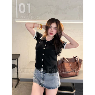 Aurora🛒พร้อมส่ง🚚 (รูปถ่ายจากงานจริง) เสื้อครอปแขนสั้น คอปกสีพื้น ใส่สบายยืดพอดีน่ารัก