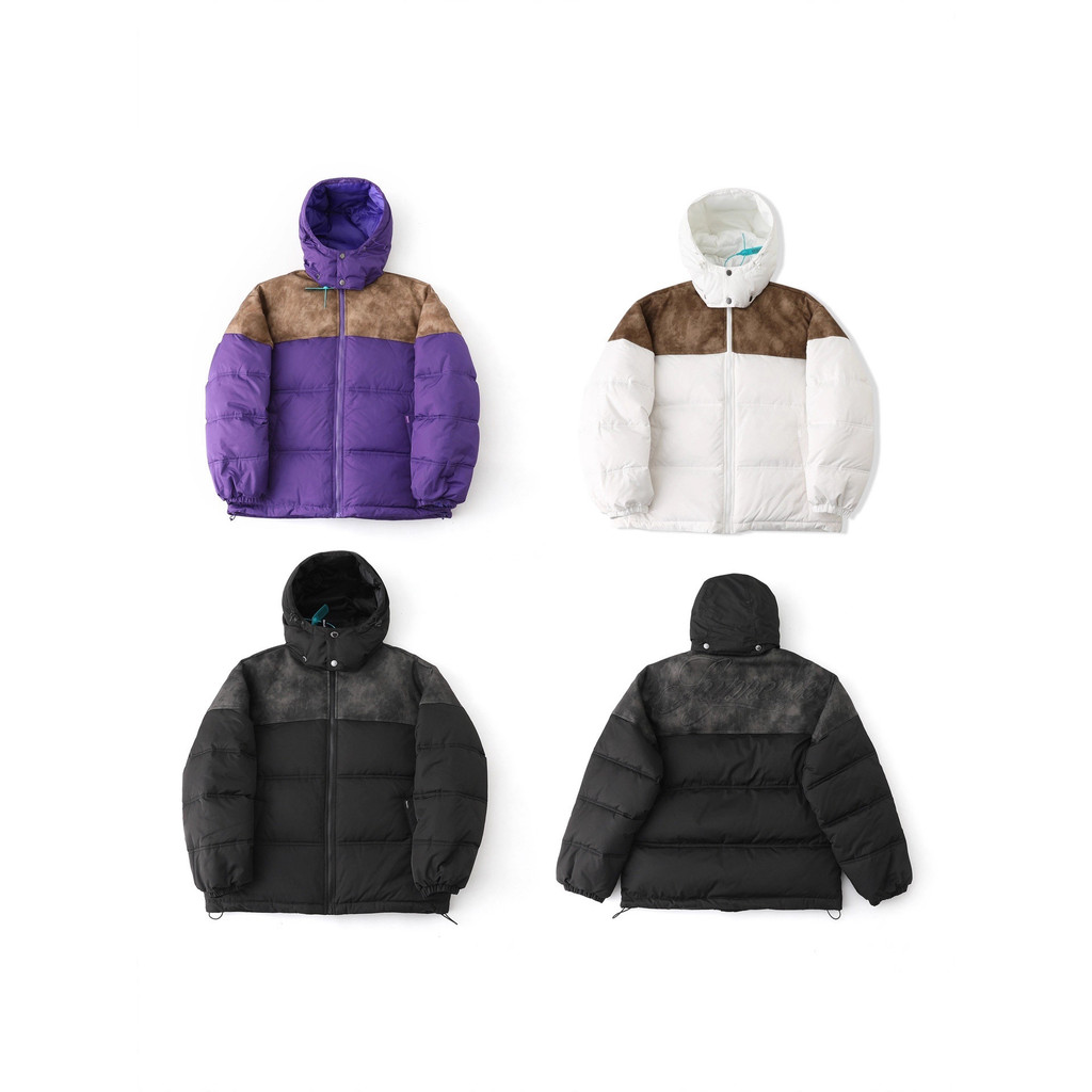 OY2U Supre  LEATHER YOKE PUFFER Leather patchwork zippered hooded down jacket coat