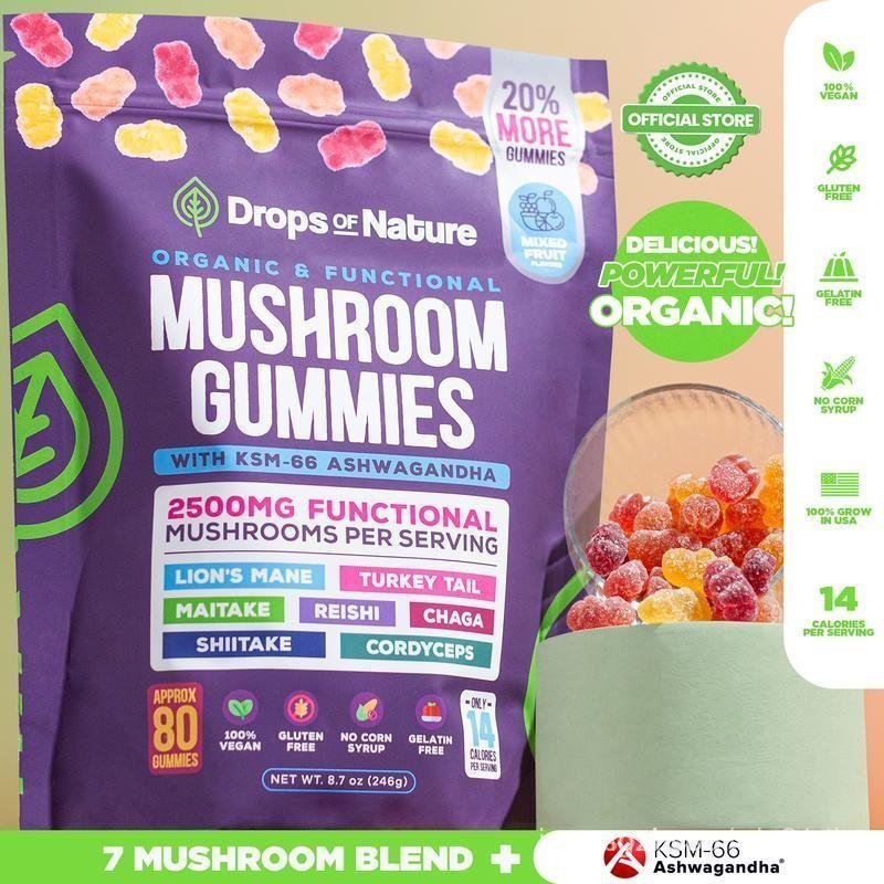 [OFFICIAL STORE] Drops Of Nature Mushroom Gummies | Ashwagandha KSM-66, Lion's Mane, Shiitake, Turke