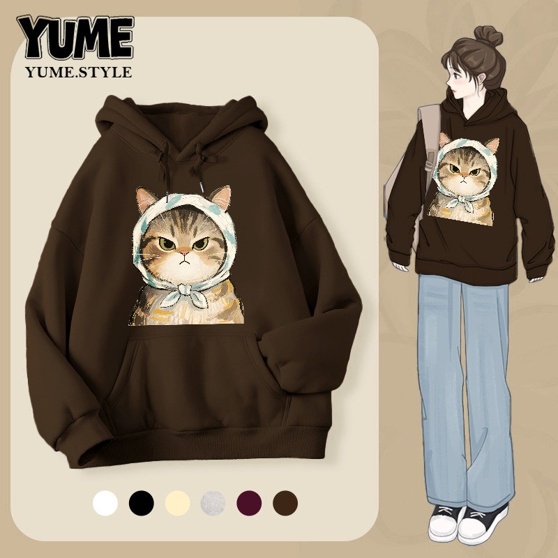 YUME เสื้อแขนยาว เสื้อฮู้ด สตรีทแฟชั่น ผ้าสำลีอย่างดี นิ่มสบายผิว ใส่ได้ทั้งผู้ชายและผู้หญิง ชาย "Bandana cat"